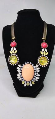 Brass Tone Floral Beaded Statement Necklace Omega Chain 18"L